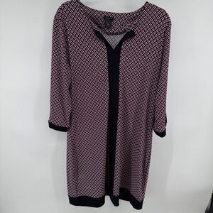 Ann Taylor Dress Size L Geometric Print V Neck 3/4 Sleeve Black Pink White